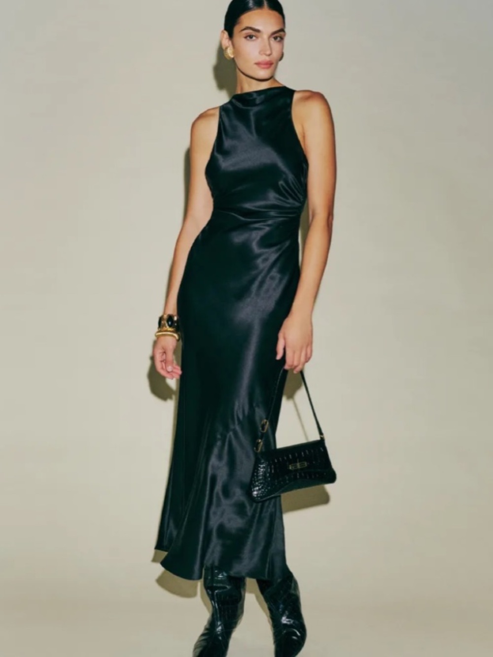 Reformation Casette 100% Silk Open Back Midi Evening Dress, Black Satin, Size 2